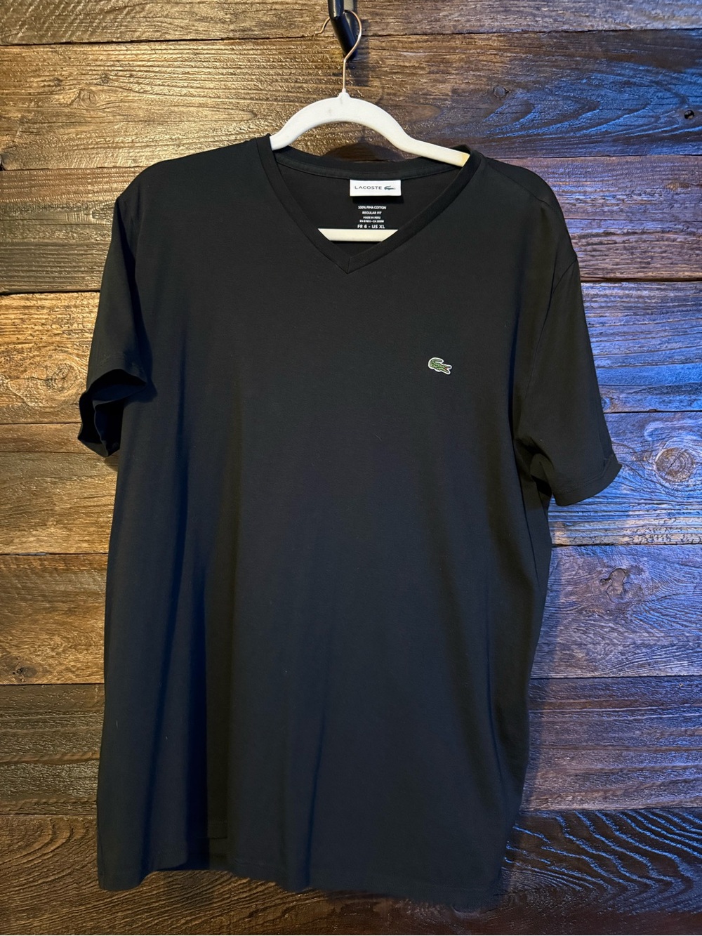 Lacoste Men's Black V-Neck Tee with Green Crocodile Logo